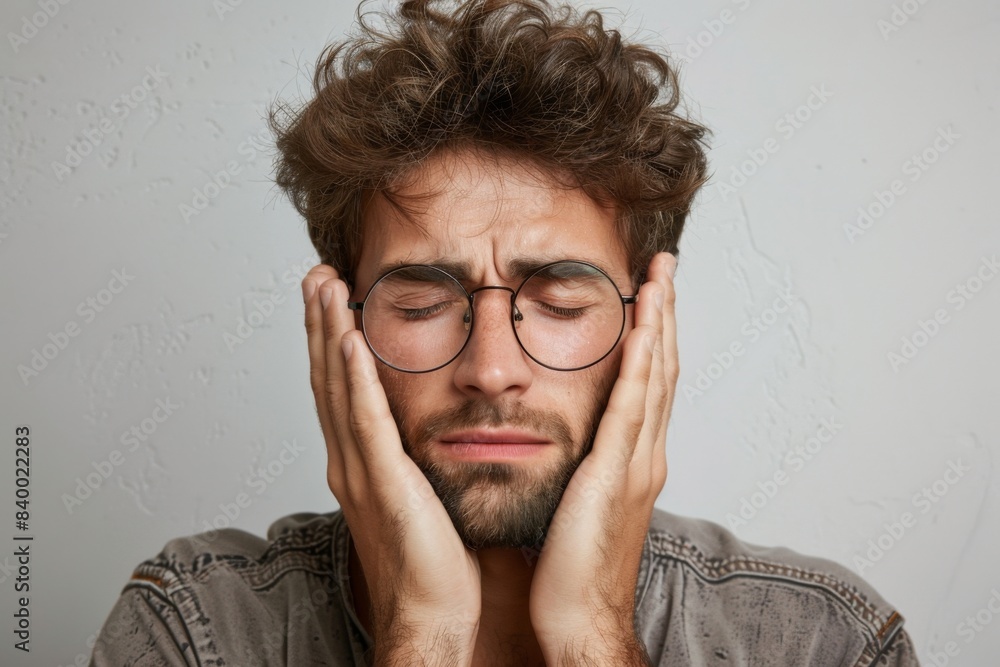 Person hiding face with hands and wearing glasses Person hiding face with hands and wearing glasses
