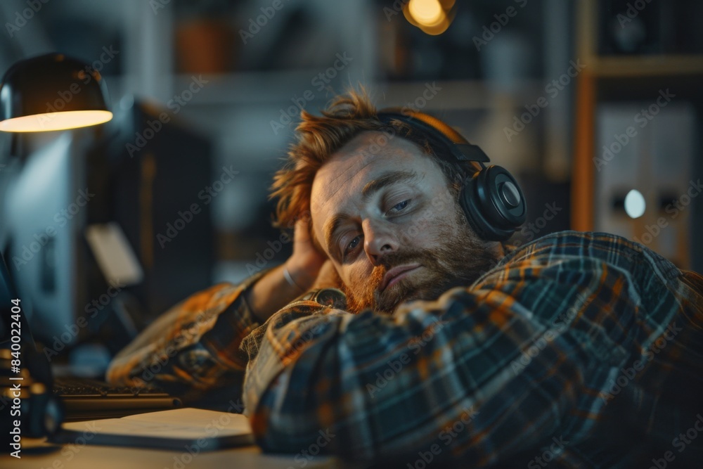 Man with headphones sitting at desk Man with headphones sitting at desk