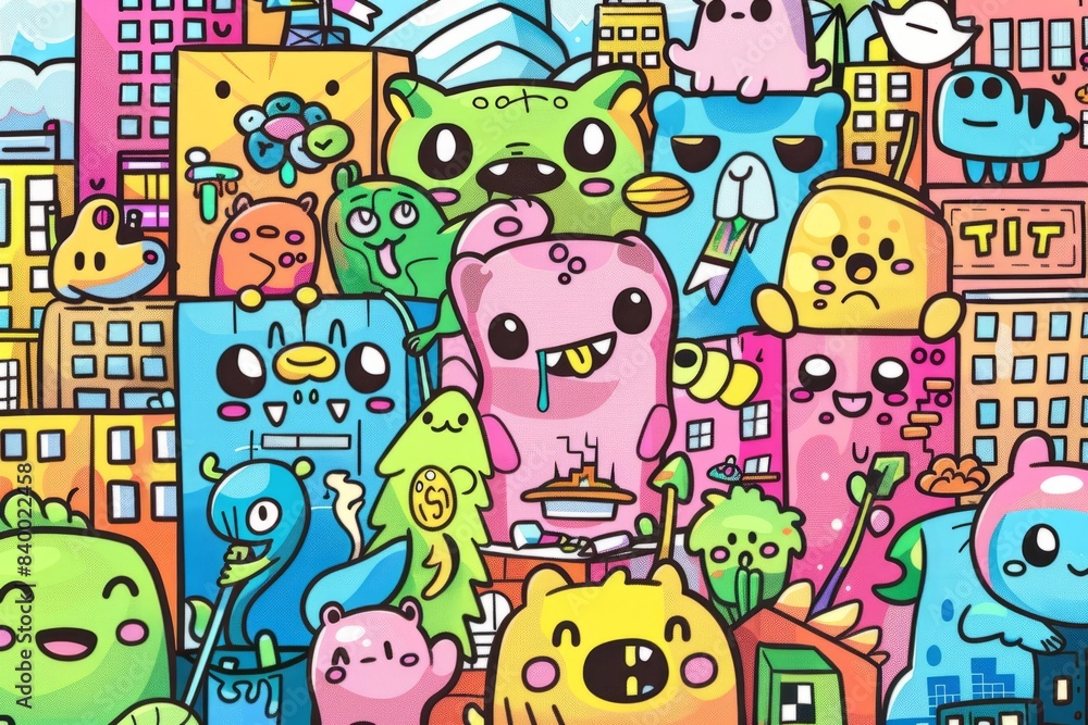 Cartoon cute doodles of adorable animals painting graffiti murals on city buildings, Generative AI