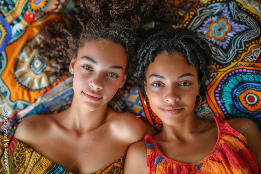 Two women lying colorful blanket heads together Two women lying colorful blanket heads together