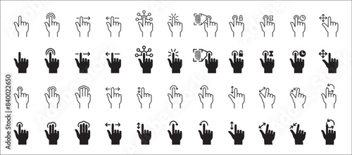 Finger touch screen gesture vector icon collection. Touch and swipe gesture icons set. Touch screen operation and navigation symbol. Contain icon like double tap, long click, zoom, move.