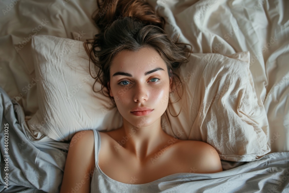 Messy-haired woman lying in bed Messy-haired woman lying in bed