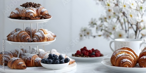 Coffee tower with French croissants a delightful breakfast treat. Concept French croissants  Breakfast treats  Coffee tower