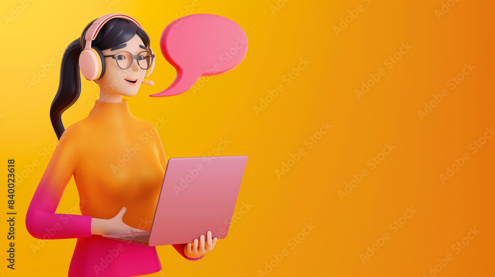 3D female character with laptop and headphones on yellow background, ideal for demonstrating technology and workspace concepts.
3D female character with laptop and headphones on yellow background, ideal for demonstrating technology and workspace concepts.