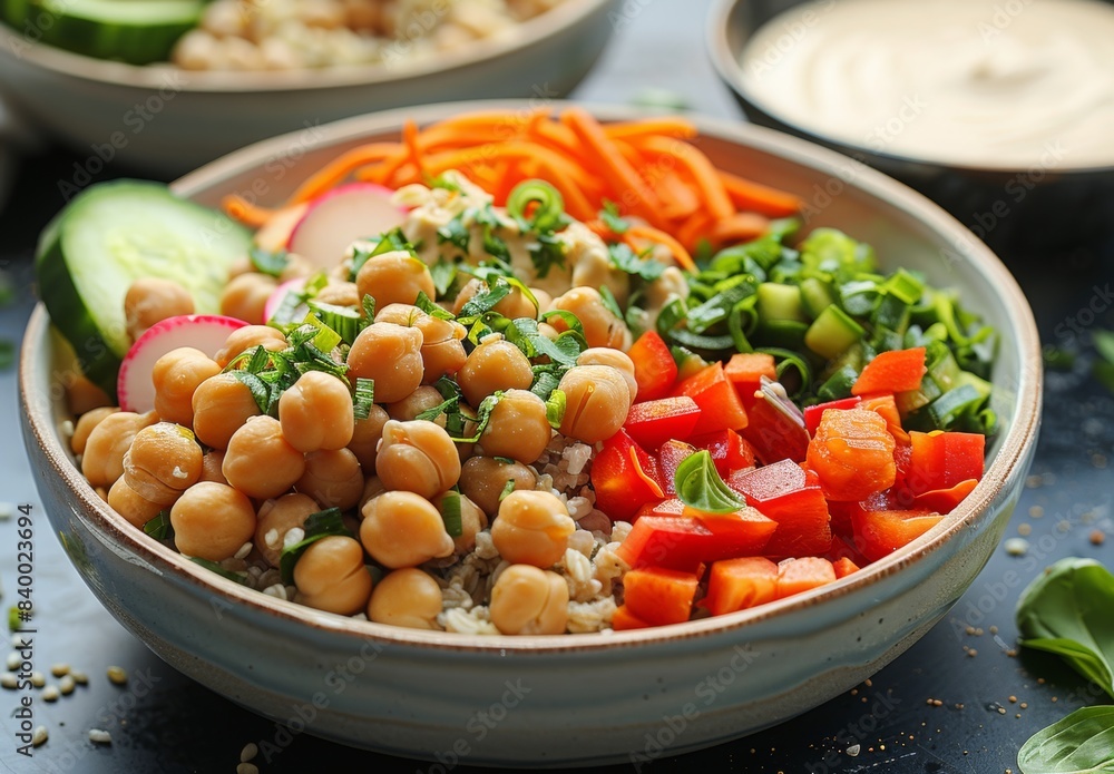 detailed shot of a whole grain Buddha bowl filled with colorful veggies, chickpeas, and a tahini dressing, arranged in a visually appealing manner detailed shot of a whole grain Buddha bowl filled with colorful veggies, chickpeas, and a tahini dressing, arranged in a visually appealing manner