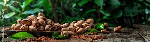 An array of fresh pili nuts, some whole and some shelled, displayed on a rustic wooden table with a backdrop of green foliage photo
