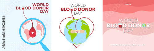 World Blood Donor Vector Set. Social Media Square format. Blood transfusion concept under magnifying glass and drop. Transfusion to earth icon with heart. Blood Bag cute typography. Vector. 