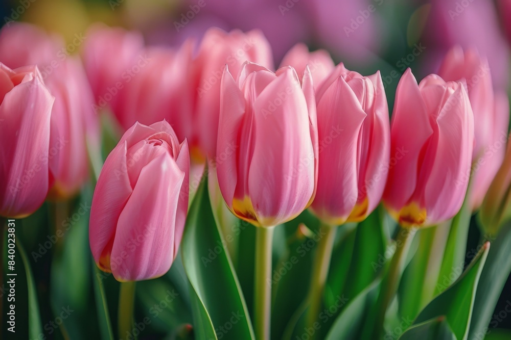 Fototapeta premium Numerous pink tulips arranged in a vase with green stems