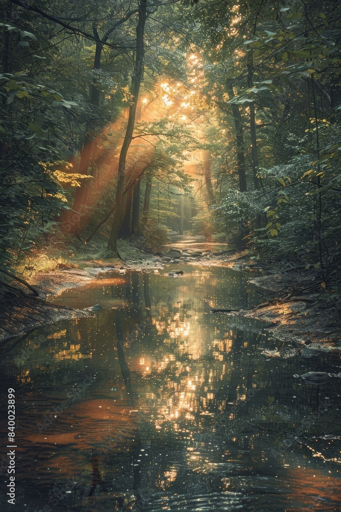 Obraz premium A forest with a sun shining on the water. The sun is reflected in the water, creating a beautiful and serene atmosphere