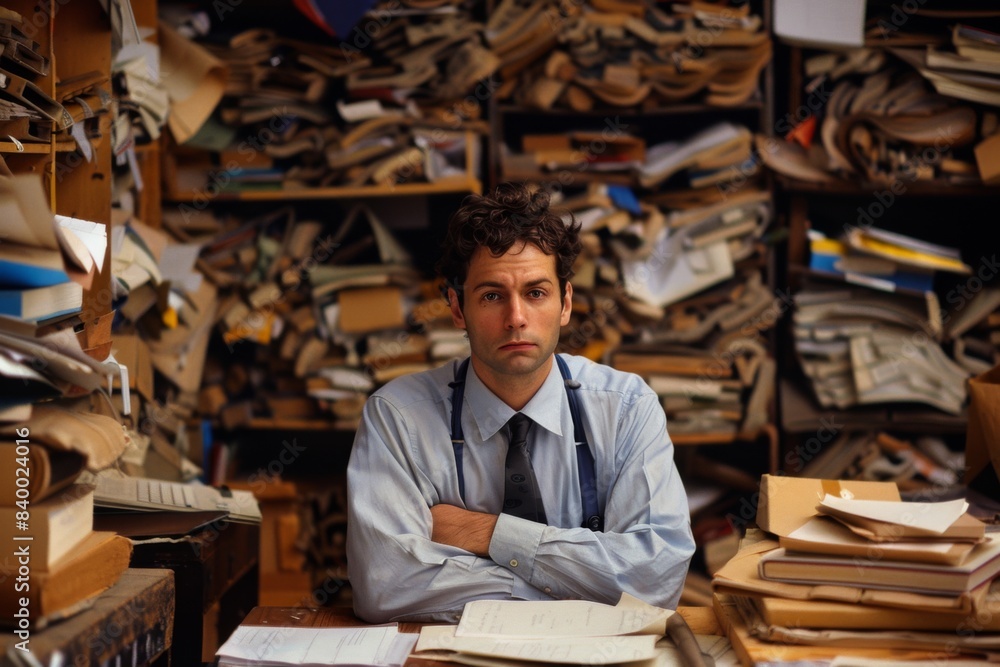 Man working at cluttered desk