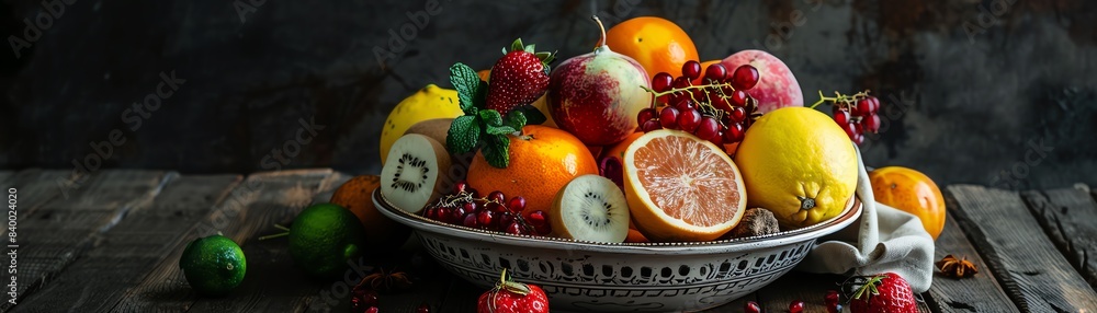 An assortment of fresh jamrul fruits, some whole and some halved, displayed in a vintage bowl on a dark wooden table An assortment of fresh jamrul fruits, some whole and some halved, displayed in a vintage bowl on a dark wooden table