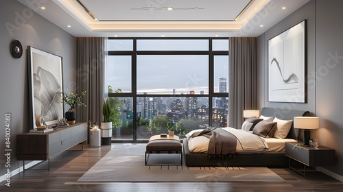 Spacious bedroom with centered artwork frame and cityscape view. Modern living and art concept.