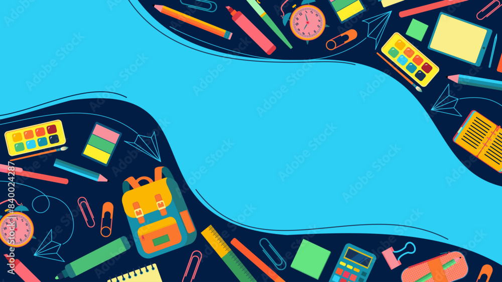 Fototapeta premium happy back to school background illustration composed of backpack, pens, pencils, and notebooks