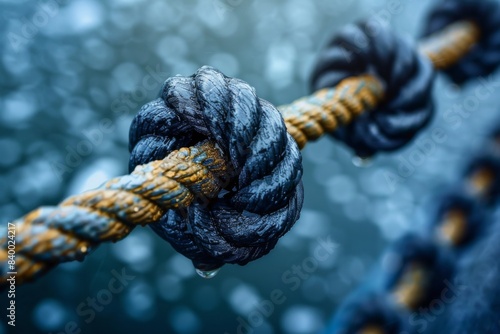 Knot tied on boat rope in water photo