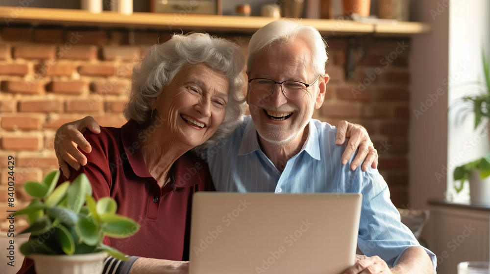 At home, an elderly couple manages their finances using a laptop, their beaming smiles reflecting a sense of accomplishment and unity.
At home, an elderly couple manages their finances using a laptop, their beaming smiles reflecting a sense of accomplishment and unity.