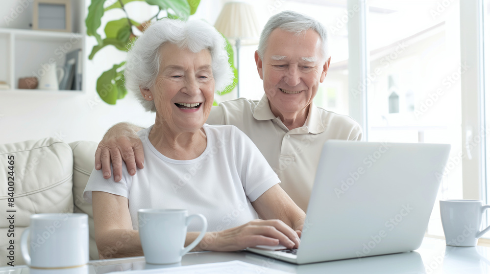 Smiling brightly, an elderly couple works on a laptop at home to handle their finances, showcasing their unity and tech-savvy lifestyle.
Smiling brightly, an elderly couple works on a laptop at home to handle their finances, showcasing their unity and tech-savvy lifestyle.