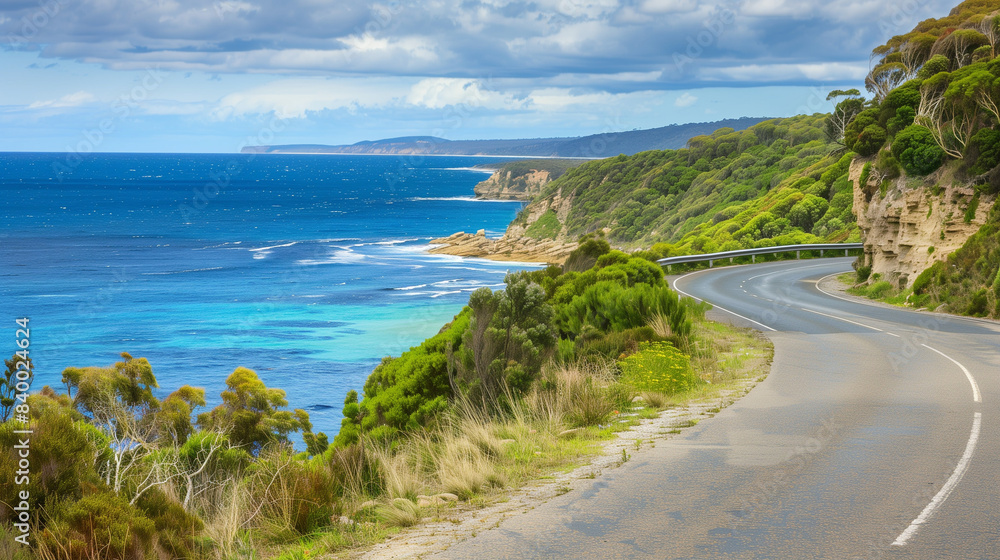 Serene coastal road flanked by rugged cliffs and dense greenery, extending towards azure ocean blending into the distant sky.
Serene coastal road flanked by rugged cliffs and dense greenery, extending towards azure ocean blending into the distant sky.