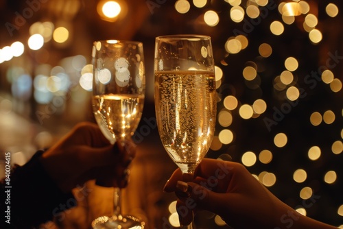 Person holding champagne by holiday tree photo