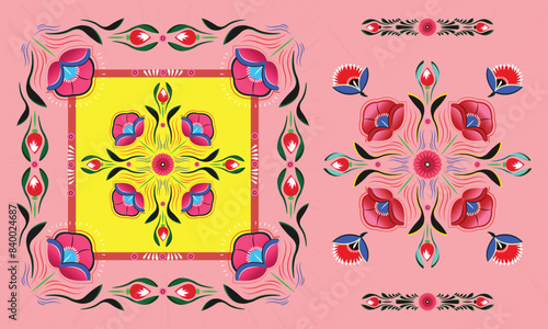 A set of floral borders with a border of flowers Colorful Rickshaw painting