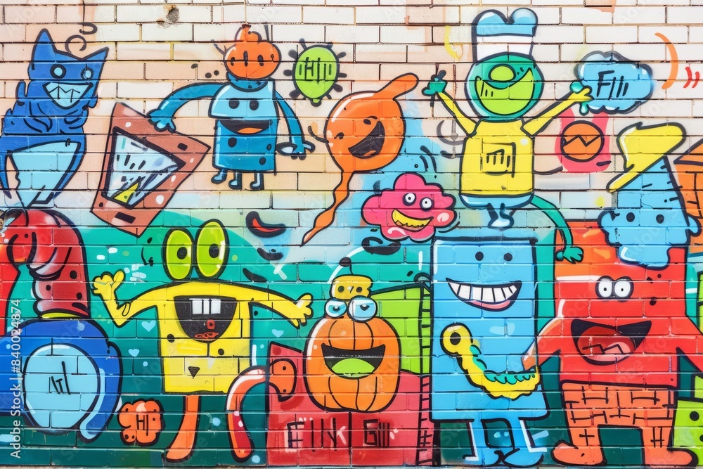 Obraz premium Cartoon cute doodles of playful characters tagging a brick wall with cheerful messages, Generative AI