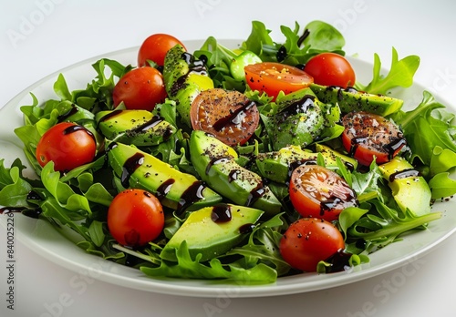 beautifully plated gourmet salad with avocado, cherry tomatoes, mixed greens, and a drizzle of balsamic vinaigrette, set against a white background © Lucianastudio