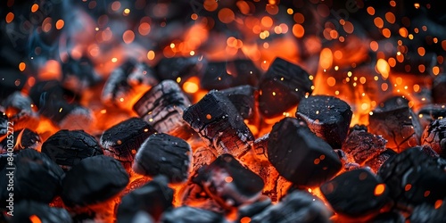 Horizontal background of glowing BBQ coals. Concept Barbecue, Coals, Grilling, Cooking, Outdoor Scene
