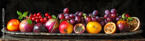 Assorted phalsa fruits in various stages of ripeness, some halved to reveal the vibrant interiors, arranged on a vintage platter photo