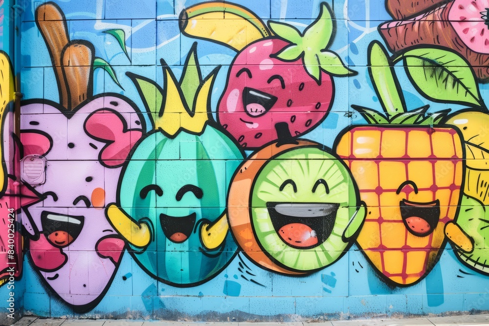 Cartoon cute doodles of smiling fruits and vegetables painting graffiti on alley walls, Generative AI Cartoon cute doodles of smiling fruits and vegetables painting graffiti on alley walls, Generative AI