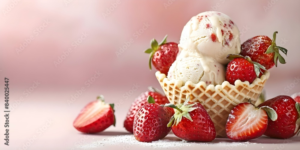 Strawberry ice cream in waffle cup with fresh strawberries on pink background. Concept Food Photography, Dessert Presentation, Fresh Ingredients, Sweet Treats, Pink Aesthetics Strawberry ice cream in waffle cup with fresh strawberries on pink background. Concept Food Photography, Dessert Presentation, Fresh Ingredients, Sweet Treats, Pink Aesthetics