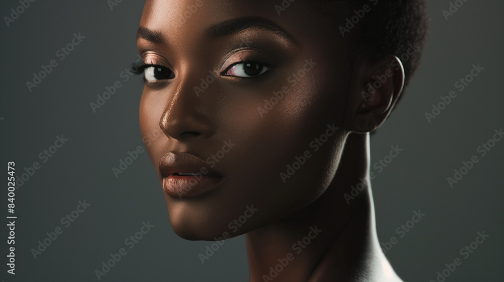 Woman's beauty portrait featuring flawlessly clear skin, soft lighting, subtle eye makeup, perfect for natural cosmetics promotion. dark-skinned woman
Woman's beauty portrait featuring flawlessly clear skin, soft lighting, subtle eye makeup, perfect for natural cosmetics promotion. dark-skinned woman