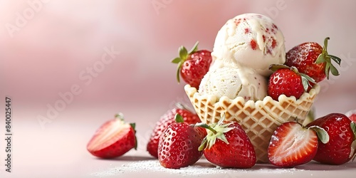 Strawberry ice cream in waffle cup with fresh strawberries on pink background. Concept Food Photography  Dessert Presentation  Fresh Ingredients  Sweet Treats  Pink Aesthetics