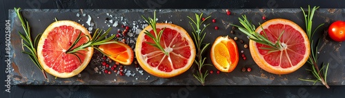 Bright, juicy ambarella fruits, both whole and sliced, arranged on a slate board with a few sprigs of fresh rosemary for a touch of greenery photo