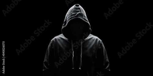 Faceless man in hoodie standing isolated on black, technical IT man, concept of hacker, thief, dark demon, mysterious creature, halloween character, secret, HD wallpaper, background, generated by AI