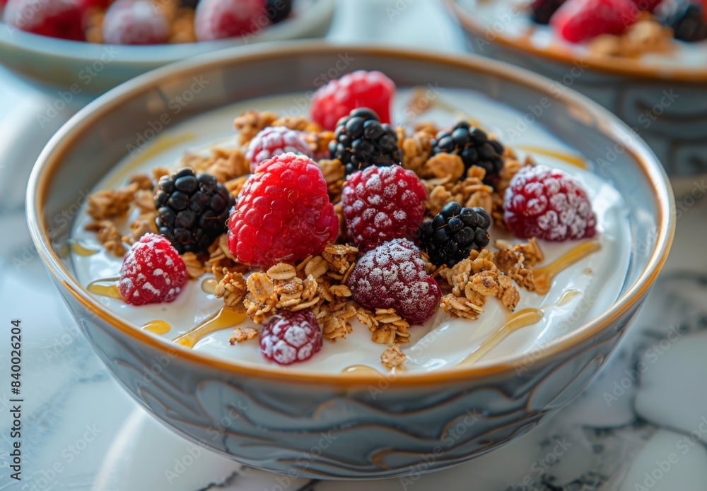elegant breakfast spread featuring a bowl of Greek yogurt topped with granola, fresh berries, and a drizzle of honey elegant breakfast spread featuring a bowl of Greek yogurt topped with granola, fresh berries, and a drizzle of honey
