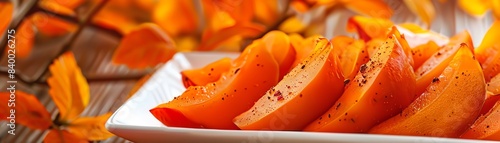 Bright orange slices of persimmon amla arranged neatly on a white plate, with a backdrop of autumn foliage photo