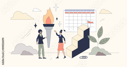 Succession planning for work achievement tiny person neubrutalism concept. Business goals, personal ambitions and professional targets vector illustration. Receiving job project for continuity.