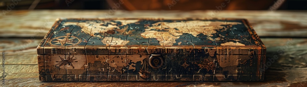 A wooden box with a map of the world on it. The map is old and has a vintage look to it A wooden box with a map of the world on it. The map is old and has a vintage look to it