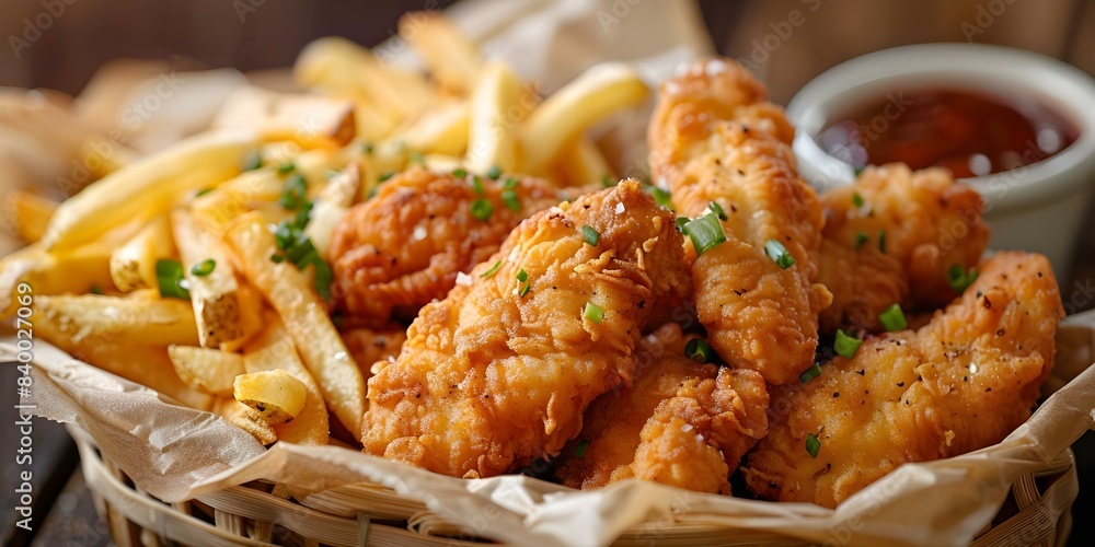 Obraz premium Yummy chicken strips and fries in a basket on a table. Concept Food Photography, Comfort Food, Culinary Delights, Delicious Presentation, Appetizing Eats