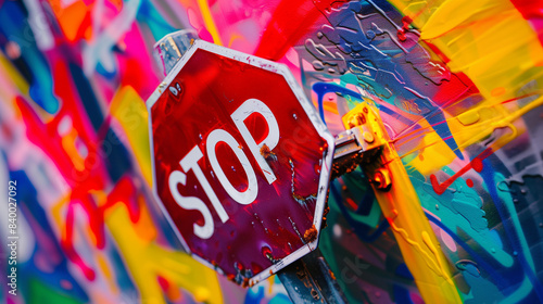 3D "STOP" sign dominates scene, surrounded by urgent red, orange, and yellow hues, evoking sense of urgency and peril.