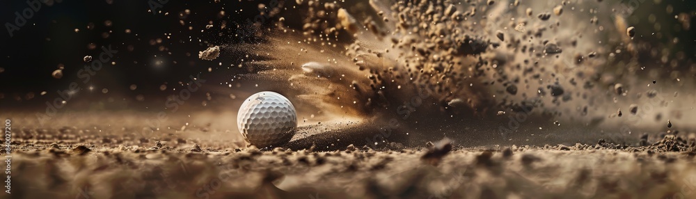 A photorealistic image of a golf ball exploding off the tee, with a trail of dust and debris following behind A photorealistic image of a golf ball exploding off the tee, with a trail of dust and debris following behind