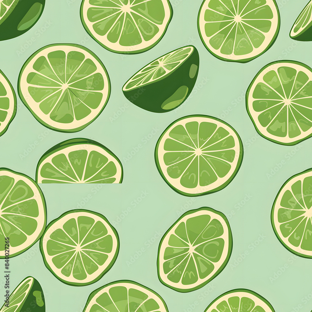 Seamless lime pattern with vibrant green lime slices and halves on a pastel green background, perfect for design and decor projects. Seamless lime pattern with vibrant green lime slices and halves on a pastel green background, perfect for design and decor projects.