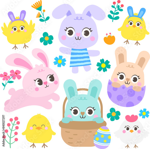 kid hand drawn happy easter bunny and baby chick in cartoon style illustration