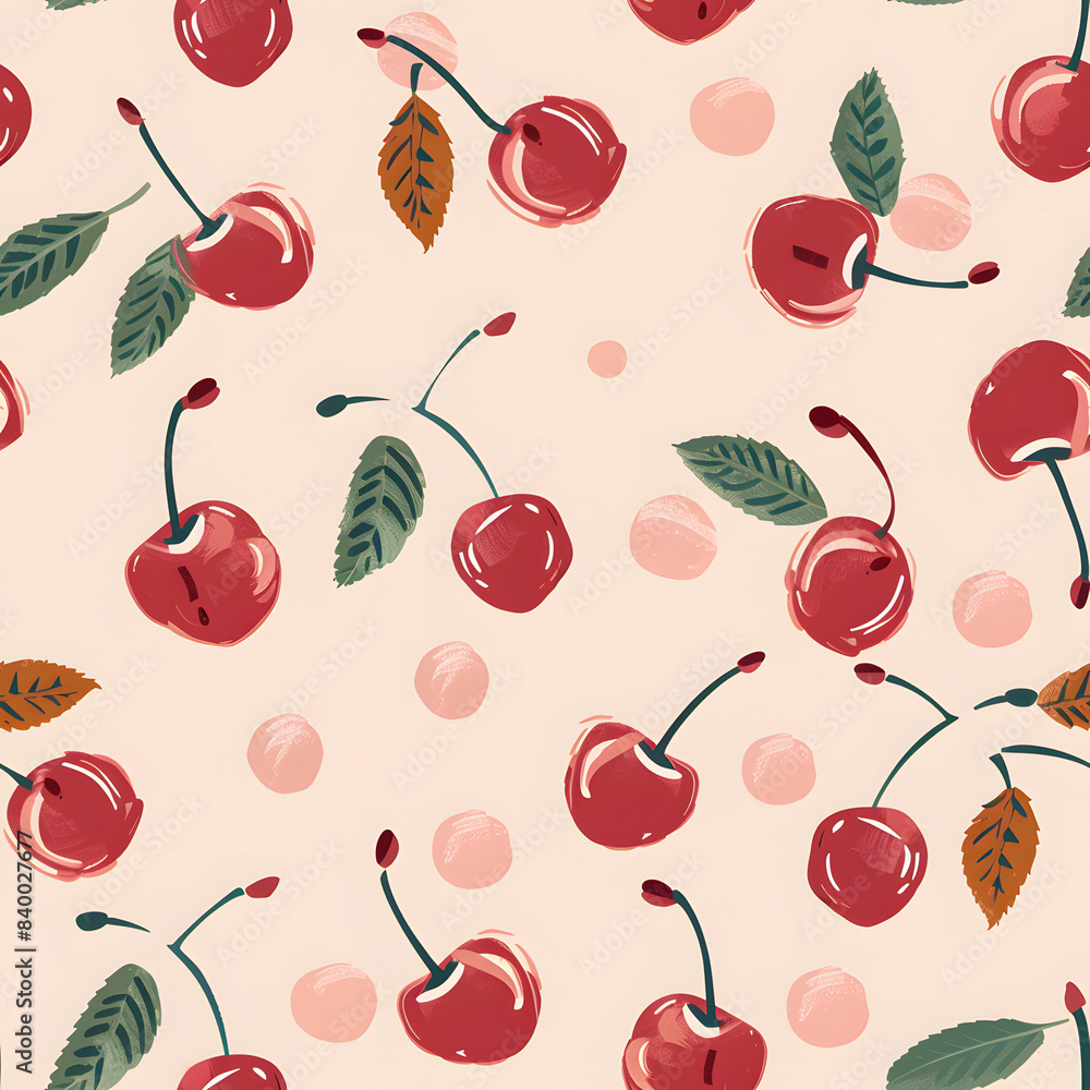 Seamless pattern with hand-drawn cherries and leaves, ideal for textile, wallpaper, and background design needs. Seamless pattern with hand-drawn cherries and leaves, ideal for textile, wallpaper, and background design needs.
