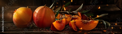 Fresh mabolo fruits, some whole and some sliced to show the juicy interior, arranged on a dark wooden surface with soft, warm lighting photo