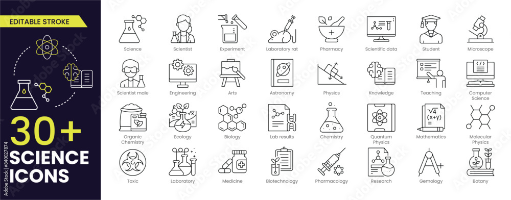 Science Editable Stroke Icon. Containing biology, laboratory ...