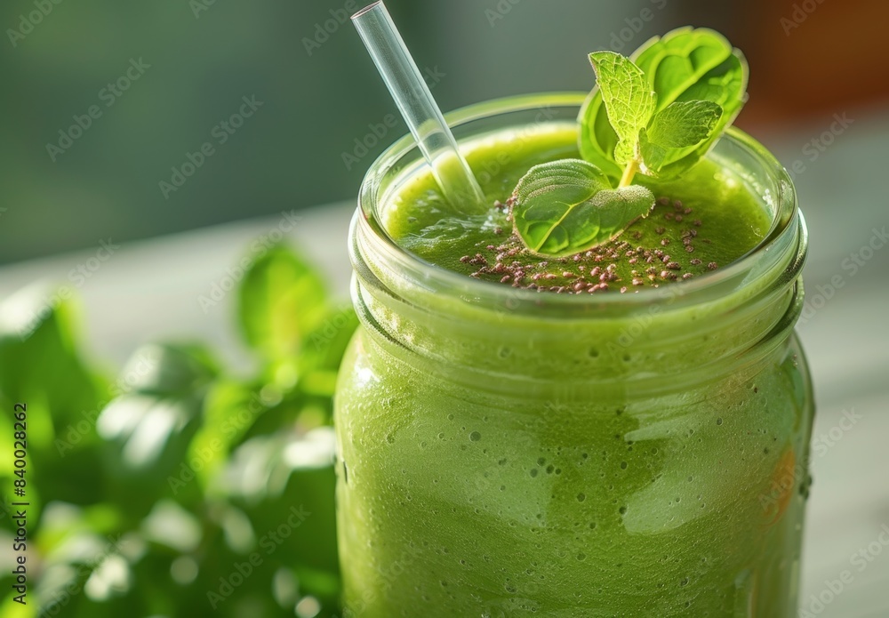 close-up of a freshly blended green smoothie in a glass jar with a straw, garnished with a sprig of mint and set against a bright, airy background close-up of a freshly blended green smoothie in a glass jar with a straw, garnished with a sprig of mint and set against a bright, airy background