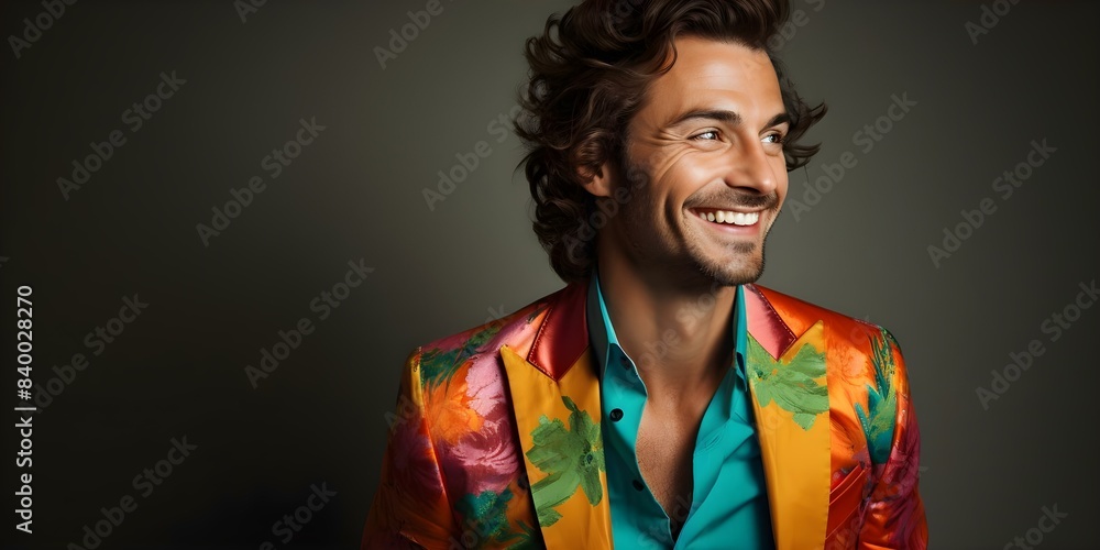 A stylish man in colorful clothes smiling against a light background. Concept Portrait Photography, Fashion, Stylish Men, Colorful Clothing, Light Background A stylish man in colorful clothes smiling against a light background. Concept Portrait Photography, Fashion, Stylish Men, Colorful Clothing, Light Background