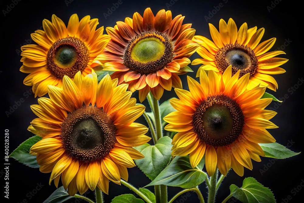 Sunflowers in Focus: An Artistic Exploration of Bright Yellow Blooms Highlighted by a Stark Black Background
Sunflowers in Focus: An Artistic Exploration of Bright Yellow Blooms Highlighted by a Stark Black Background