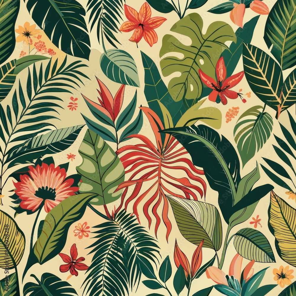 Fototapeta premium Seamless pattern of tropical foliage and flora intertwined with vines and tendrils, Generative AI