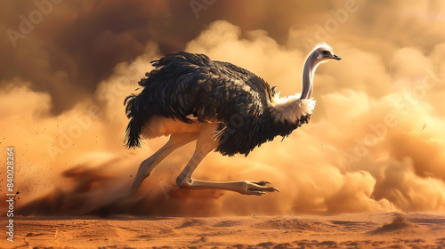 A North African ostrich running swiftly across the Sahara, its powerful legs kicking up dust photo
